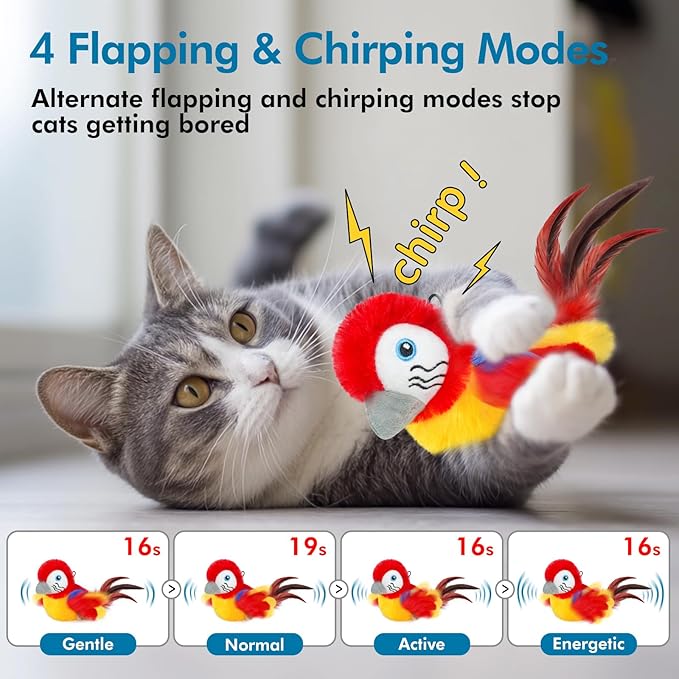 Vannon Cat Toys Flapping Bird(Cannot Fly), Rechargeable Touch Activated Kitten Toy Interactive Cat Exercise Toys with Catnip and Feather for Indoor Cat - Red-Mewly Pet