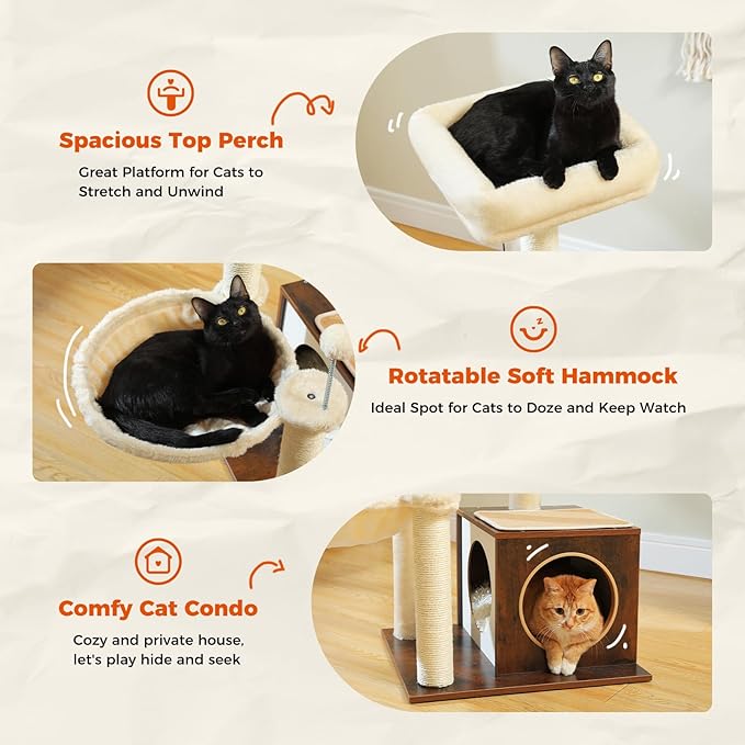PEQULTI Modern Cat Tree for Indoor Cats,Multilevel Play House Cat Tower with Cat Condo, Scratching Post, Cozy Hammock and Plush Pompom, Brown-Mewly Pet