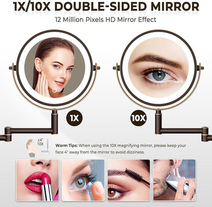 8" Wall Mounted Lighted Makeup Mirror, 3000mAh Rechargeable Double Sided 1X/10X Magnifying Mirror with Hook, 3 Color Lights Touch Dimmable 360° Rotation Vanity Mirror for Bathroom (Antique Bronze)
