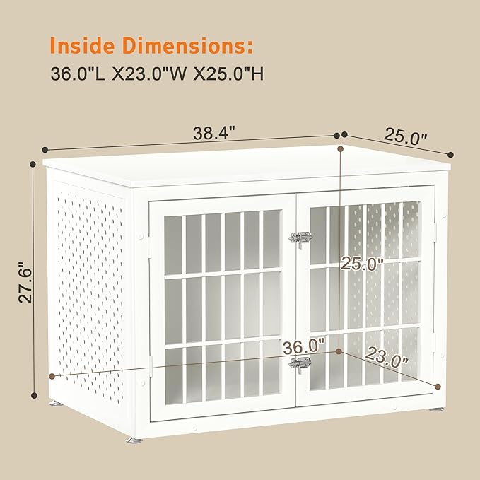 38" Heavy Duty Dog Crate Furniture for Large and Medium Dogs,Wooden Metal Kennel for High Anxiety Dogs, Chew Proof Pet Cage Indoor, Decorative Dog Kennel End Table, White-Mewly Pet