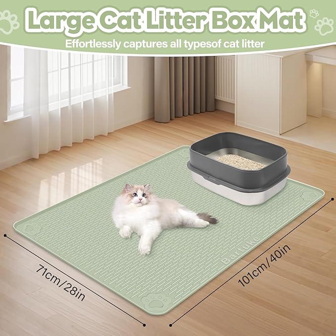 Cat Litter Mat, Extra Large 40" x 28" Silicone Mat Litter Trapping Mat for Scatter Control, Soft on Kitty Paws, Easy to Clean (Green)-Mewly Pet