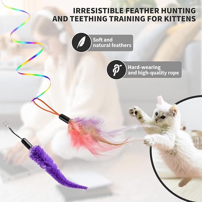 Interactive Cat Toys for Indoor Cats,Enrichment Stimulation Toys, Electric Hanging Door Clip Ribbon Kitty Toy,Automatic Play Chase Exercise Feather Toys for Bored Indoor Adult & Kitten Cats（White）-Mewly Pet