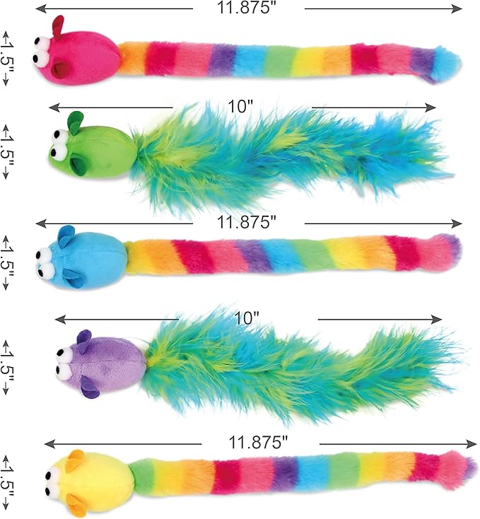 5 Pack Interactive Catnip and Feather Cat Toys, Multi-Colored Mice with Long Feather Tail, Accessories for Indoor Cat, Catnip Plush Toys with Natural Feathers and Rattles-Mewly Pet