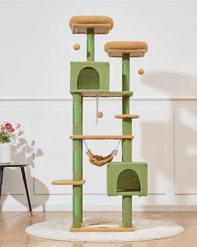 Taoqimiao Cat Tree, 68-Inch Cat Tree Cat Tower for Indoor Cats, Plush Multi-Level Cat Condo with 6 Scratching Posts, 2 Perches, 2 Caves,Hammock, 3 Pompoms,MS020ST Cactus-Mewly Pet
