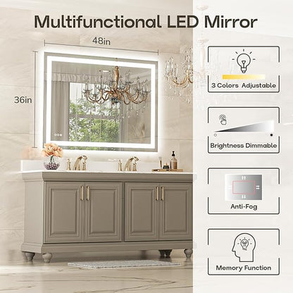 USHOWER LED Bathroom Mirror 48x36 Inch with Lights - Frameless Tempered Glass LED Backlit Lighted Mirror for Bathroom Vanity with Anti-Fog, 3 Colors Dimmable, Memory Function, Wall-Mounted