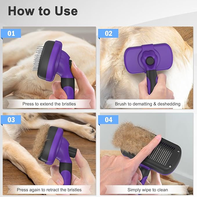 Self Cleaning Cat & Dog Grooming Brush - Skin Friendly Deshedding Hair Brush for Haired Dogs & Puppies, Purple-Mewly Pet
