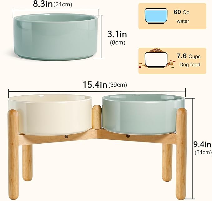 Wordcam Raised Ceramic Dog Bowls with Stand,Elevated Dog Dish, Pet Food and Water Feeder Set for Large Sized Dogs(9.4''High-60 Oz-7.6 Cups)-Mewly Pet