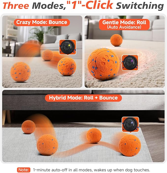 Interactive Dog Ball Toy, Automatic Moving Bouncing Rotating Smart Ball with 3 Modes, Durable E-TPU Material for Medium & Large Dogs, IP54 Waterproof Stimulation Toy to Keep Dog Busy & Active-Mewly Pet
