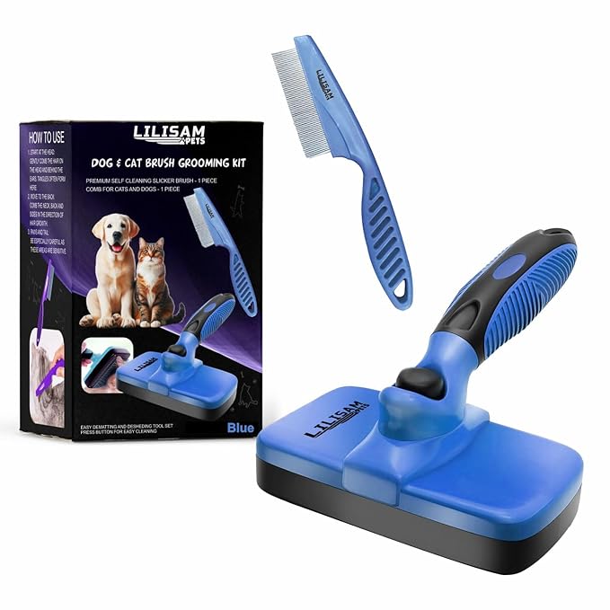 Pet Self Cleaning Slicker Brush and Grooming Comb - Gently Removes Loose Hair, Tangles, and Dirt - Skin Friendly Deshedding Grooming Tool for Hair Dogs & Cats - Pet Supplies Accessories (Blue)-Mewly Pet