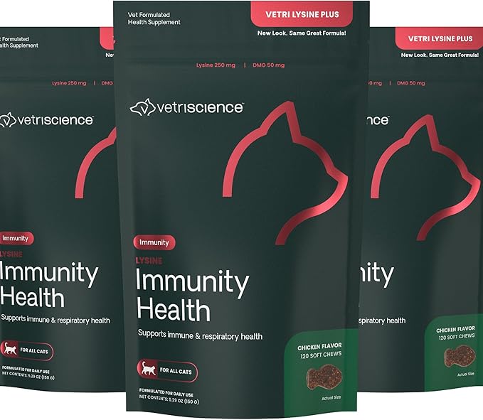 VetriScience Lysine Immunity Health Chews, 250 mg Lysine Plus Immune Supplement for Cats and Kittens with Allergies, Sneezing, Runny Nose and Watery Eyes, Chicken, 3 Pack-Mewly Pet
