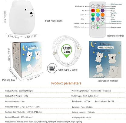 Bear Night Lights for Kids, Bedside lamp for Children, Baby Nursery Light - Break Resistant/Eye Caring/Adjustable Brightness Color/Time Setting/Gifts for Kids Babies Boys Girls - Medium