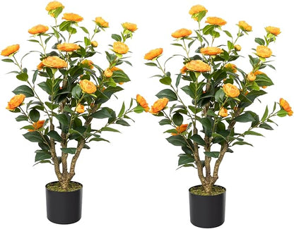 Artificial Camellia Tree, 3FT Faux Camellia Plant in Pot with Orange Flowers for Spring Home Front Door Outdoor Indoor Decoration