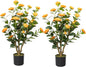 Artificial Camellia Tree, 3FT Faux Camellia Plant in Pot with Orange Flowers for Spring Home Front Door Outdoor Indoor Decoration
