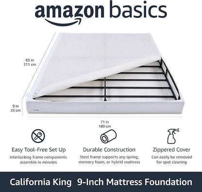 Amazon Basics Smart Box Spring Bed Base, 9-Inch Height Mattress Foundation, Tool-Free Easy Assembly, Cal King, 83"L x 71"W x 9"H, White