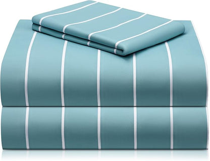 LuxClub Striped Sheets, 3 PC Striped Bed Sheets Twin Size, Deep Pockets Wrinkle Free-Kids-Fitted Sheets Machine Washable Hotel Bedding (Twin, Light Blue)