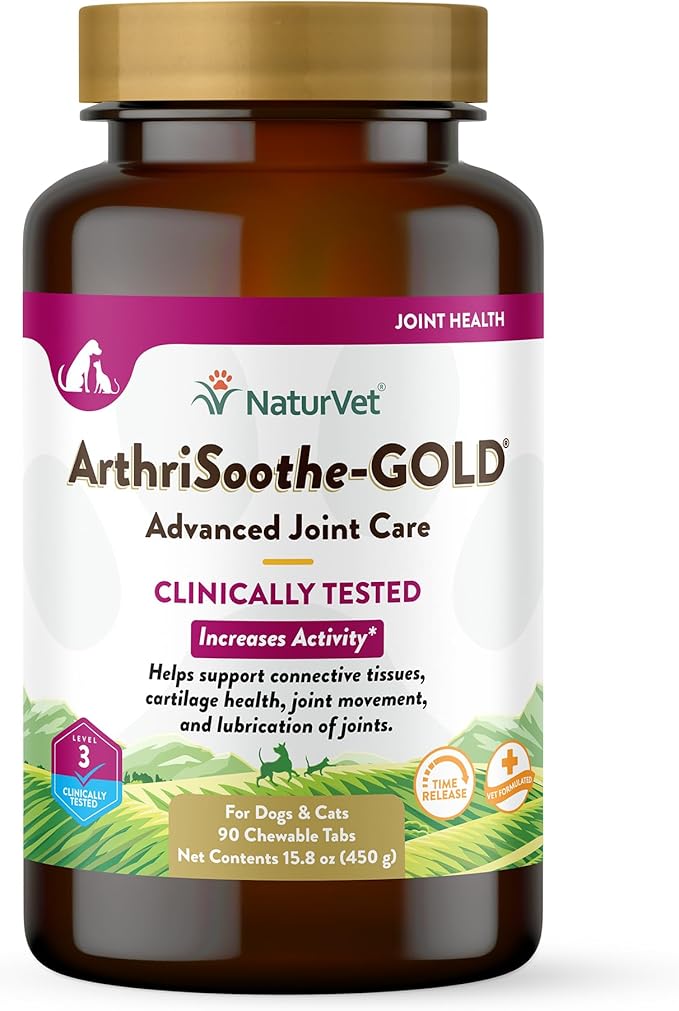 NaturVet – ArthriSoothe-GOLD – Level 3 Advanced Joint Care | Clinically Tested to Support Connective Tissue, Cartilage Health & Joint Movement | Enhanced with Glucosamine, MSM, Chondroitin & Green Lipped Mussel | For Dogs & Cats | 90 Chewable Tablets-Mewly Pet
