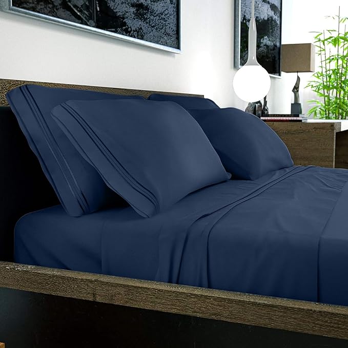DREAMCARE Queen Sheet Set – 6 pcs Cooling Bed Sheets – up to 21” Deep Pocket Queen Sheets Set – 2500 Supreme Collection – Extra Soft 100% Brushed Microfiber Hotel Luxury with Side Pocket – N Blue
