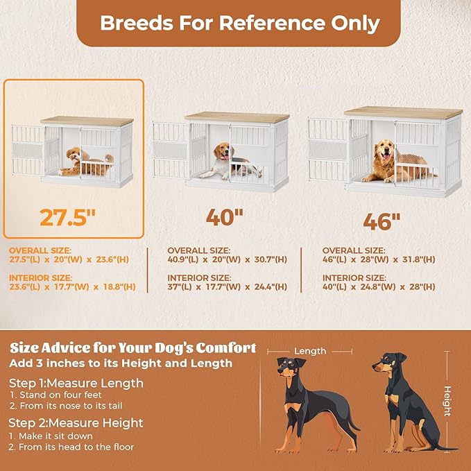 VOPEAK 27.5" Dog Crate Furniture, Chew Resistant Dog Crate for Small Dogs Puppy, Heavy Duty Dog Crates Dog Kennel Cage Indoor with Double Doors, Wooden End Table for Bedroom Living Room, White-Mewly Pet