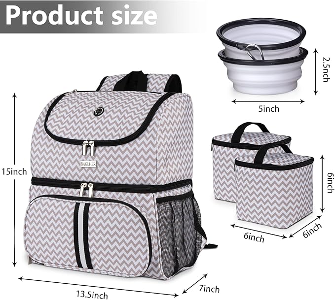 BAGLHER Pet Travel Bag, Double-Layer Pet Supplies Backpack (for All Pet Travel Supplies), Pet Travel Backpack with 2 Silicone Collapsible Bowls and 2 Food Baskets BLW-Mewly Pet