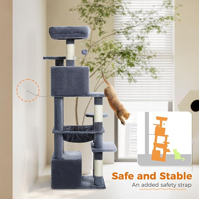 PAWZ Road Cat Tree, 53.5 Inches Tall Cat Tower with Spacious Hammocks, Condos and Scratching Posts, Cat House with Dual Padded Perches for Indoor Large Cats-Dark Gray-Mewly Pet