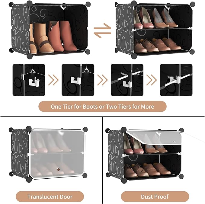 ROJASOP Portable Shoe Rack Organizer 6-Tier Shoe Cabinet 24-Pair shoe Storage Expandable Free Standing Stackable Space Shoe Rack with 2 exclusive Versatile Hooks for Bedroom Black