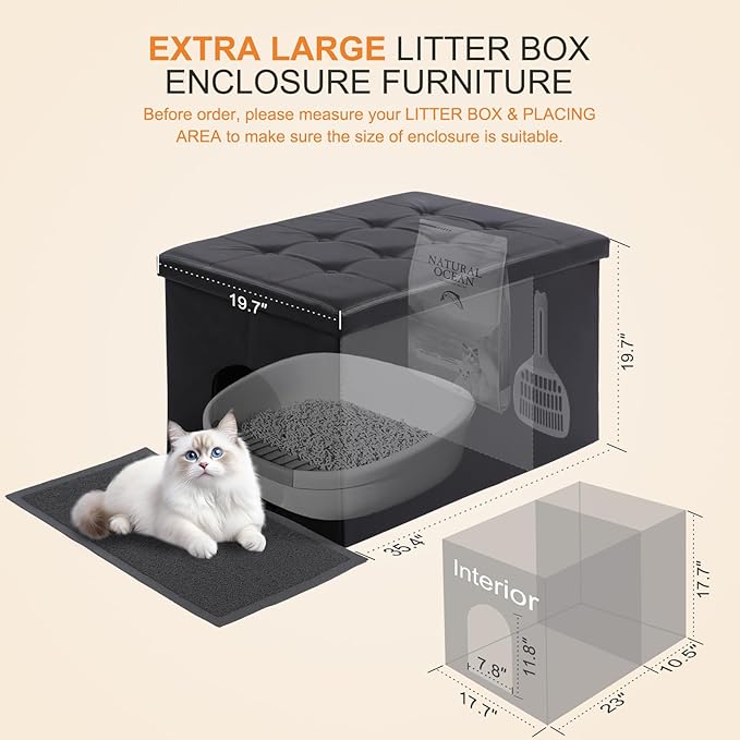 MEEXPAWS Cat Litter Box Enclosure Furniture Hidden, Cat Washroom Bench Storage Cabinet | Extra Large 35.4'' x 19.7'' x 19.7''| Dog Proof | Waterproof Inside/Easy Clean | Easy Assembly | Odor Control-Mewly Pet