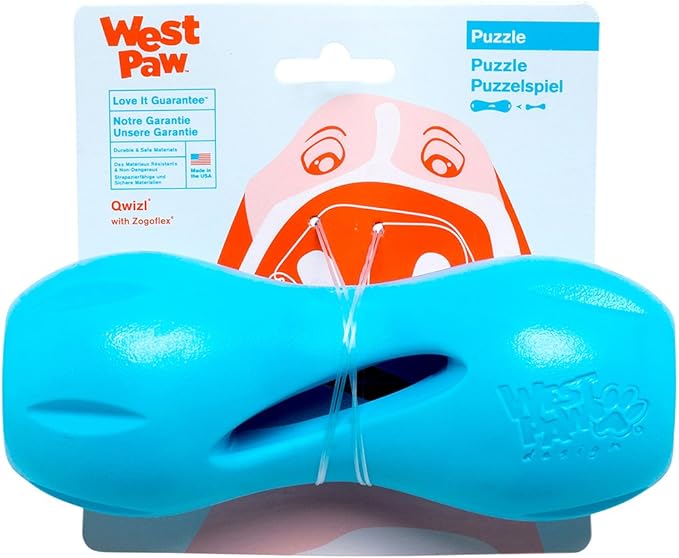 West Paw Zogoflex Qwizl Interactive Treat Dispensing Dog Puzzle Treat Toy for Dogs, 100% Guaranteed Tough, It Floats!, Made in USA, Large, Aqua Blue-Mewly Pet