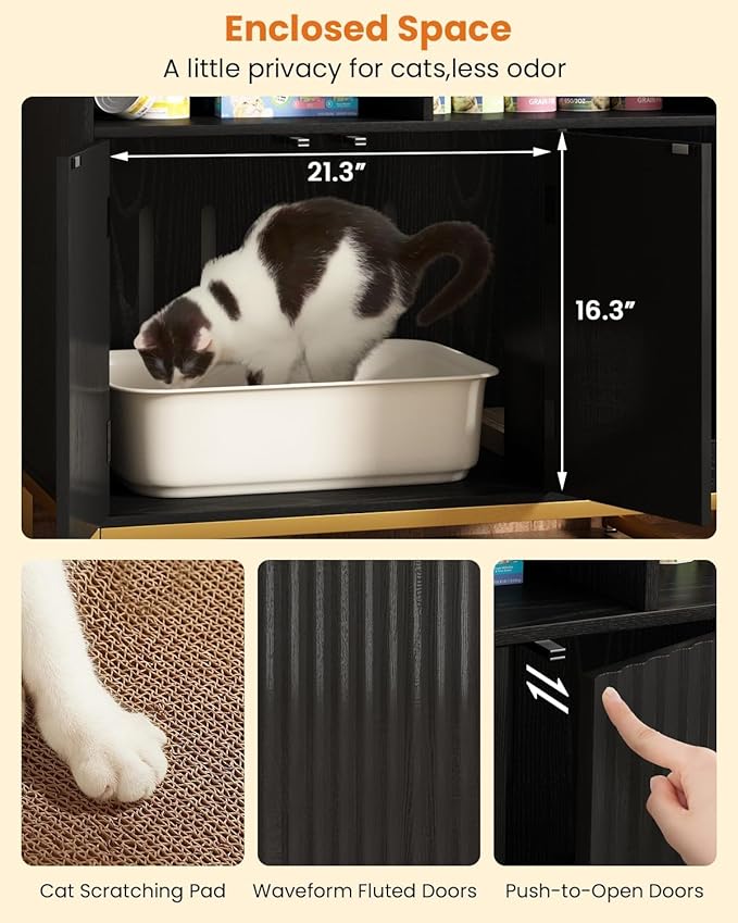 Cat Litter Box Enclosure, Large Hidden Pet Storage Cabinet Furniture with Waveform Fluted Doors & Scratching Pad, Modern Wooden Cat House Indoor for Washroom, Living Room, Bedroom, Black-Mewly Pet