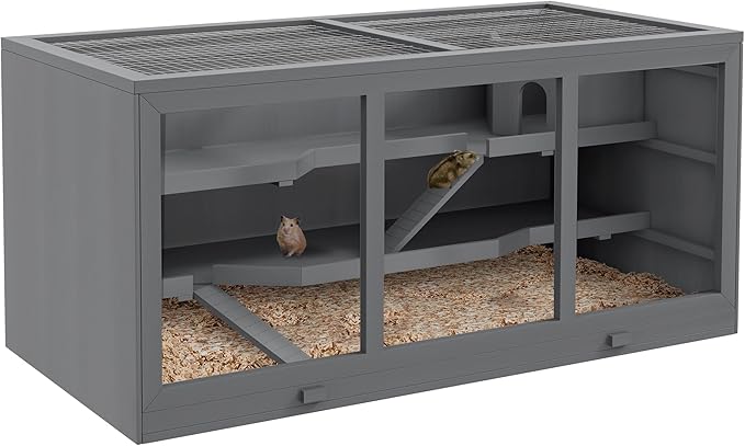 PawHut 45" Extra Large Wooden Hamster Cage, 3-Layer Chewproof Rat Cage with Opening Roof, Hut, Ramps, for Gerbil, Dwarf & Syrian Hamsters, Gray-Mewly Pet