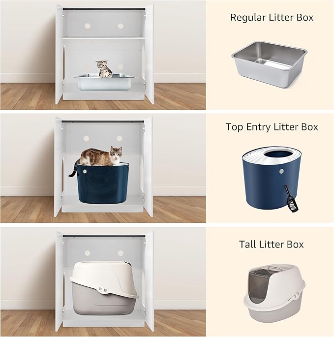 unipaws Tall Cat Litter Box Enclosure with Shelves, Hidden Litter Box Cover for Tall or Top Entry Litter Box, Kitty Enclosed Litter Box Cabinet, Cat Box Furniture， White-Mewly Pet