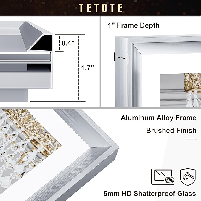 TETOTE 36x36 LED Bathroom Mirror with Lights Silver Metal Framed Brushed Nickel Front & Back Light Vanity Mirror Baroque Antifog Stepless Dimmable White/Warm/Natural,Wall Mounted(Horizontal/Vertical)