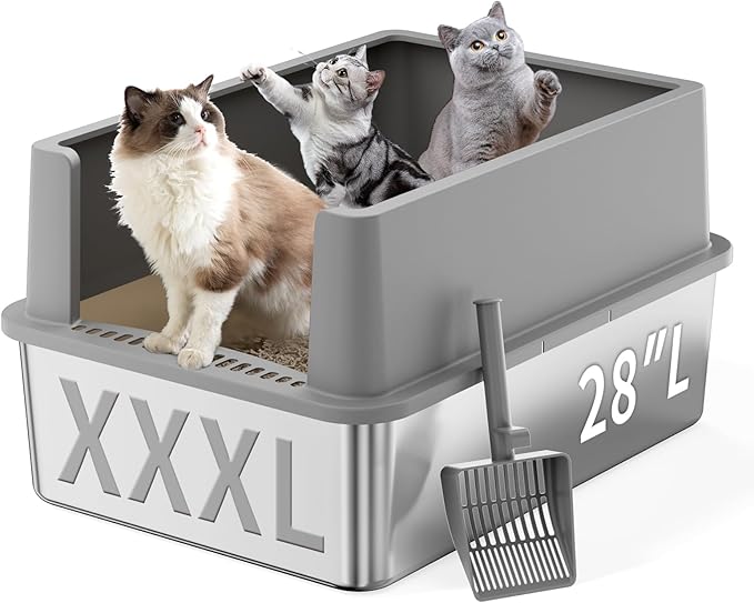 28" Extra Large XXL Stainless Steel Cat Litter Boxes with Lid Metal Cat Litterbox Pan for Big Cats and Multiple Cats, Anti-Leakage, Easy Cleaning, Include Scoop-Mewly Pet