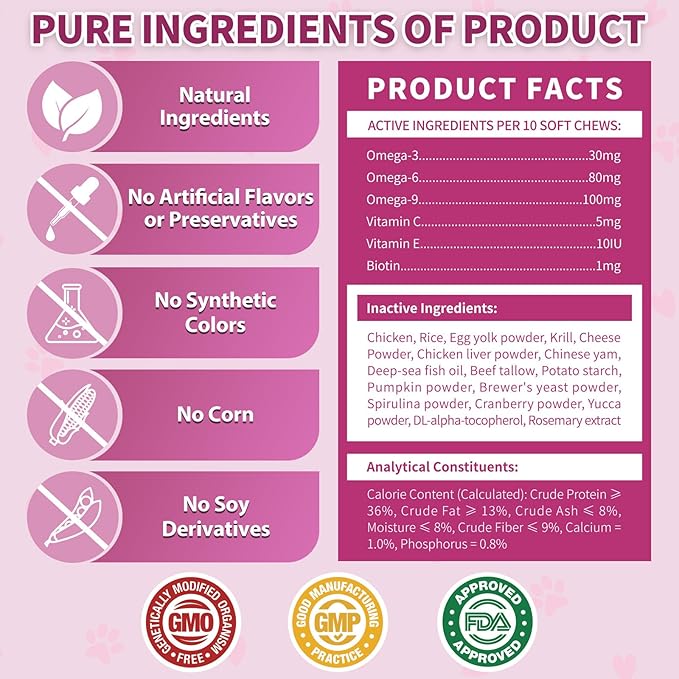 Natural Skin and Coat Support for Cats - Crunchy & Creamy Chews with Omega 3, Biotin & Vitamin E for Healthy Skin, Shiny Fur, Cat Supplements & Vitamins -Chicken（500 Chews-Mewly Pet