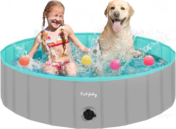 Furrybaby Dog Pool, Kiddie Pool Hard Plastic Foldable Dog Pools for Large Dogs Portable Pet Doggie Wading Swimming (Grey 47'') Indoor and Outdoor-Mewly Pet