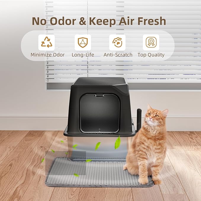 Stainless Steel Cat Litter Box with Lid, Extra Large, Great for Large & Small Cats, Easy to Clean, Anti-Leakage, Non-Sticky, Multifunctional 2 in-1 Metal Cat Litter Box - Black-Mewly Pet