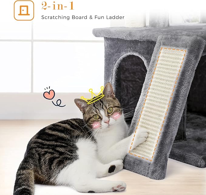 PAWZ Road 34 Inches Cat Tree Multilevel Cat Tower with Double Condos, Spacious Perch, Fully Wrapped Scratching Sisal Post and Replaceable Dangling Balls Gray-Mewly Pet