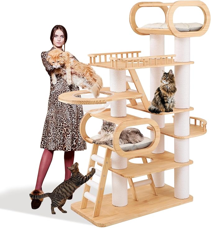 76.8'' Tall Modern Large Cat Tree,Multi-Level Wood Cat Tower for Indoor Cats Large Adults,Luxury Heavy Duty Cat Condo with Cushion,Scratching Posts,Clear Hammock Activity (76.8inch)-Mewly Pet