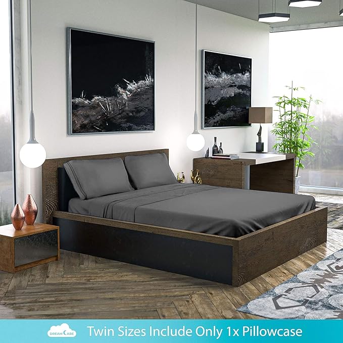 DREAMCARE Twin XL Sheet Sets - 4pc Cooling Sheets XL Twin Sheets - Twin XL up to 21” Deep Pocket – Hotel Luxury Extra Long 100% Brushed Microfiber with Side Pocket - D. Gray