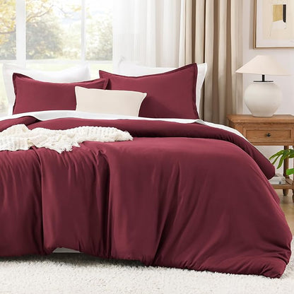 Litanika Burgundy Red Comforter Set Full Size, 3 Pieces Lightweight Solid Bedding Comforter Set, All Season Fluffy Bed Set (79x90In Comforter & 2 Pillowcases)