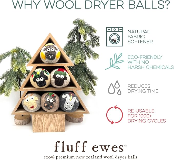 Fluff Ewes Wool Dryer Balls 6 Pack Premium New Zealand Wool Laundry Balls for Dryer, No Static Dryer Balls Laundry Reusable, XL Christmas Dryer Balls, Holiday Dryer Balls - Sheep in Heavenly Peace-Mewly Pet