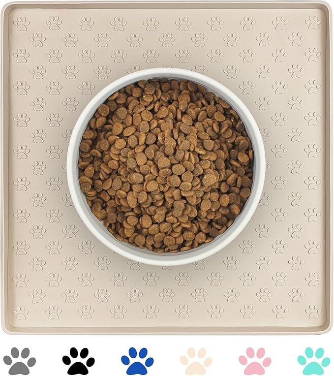 Ptlom Pet Placemat for Dog and Cat, Waterproof Non-Slip Silicone Feeding Bowl Mat Prevent Food and Water Overflow, Puppy Dish Feeder Fountain Trays Suitable for Medium and Small Pets, Beige-Mewly Pet