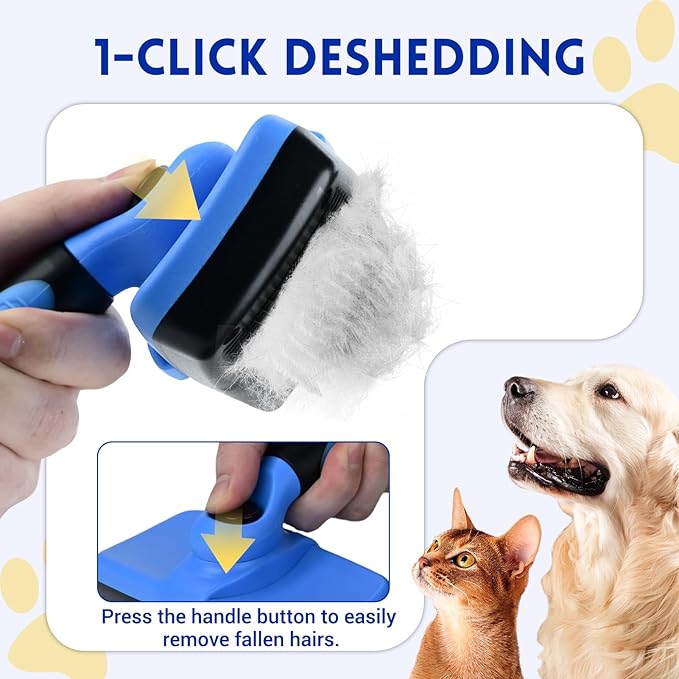 Large Self Cleaning Deshedding Brush for Dogs & Cats - One Button Hair Release Grooming Tool, Gentle Massage Brush for Long and Short Hair (Blue)-Mewly Pet