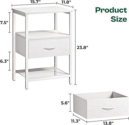 Huuger Nightstand Set of 2, Night Stand with Fabric Drawer, Mesh Shelf, Side Table with Storage, Fabric Drawer Dresser, Open Shelf, Metal Frame, Bedroom, White