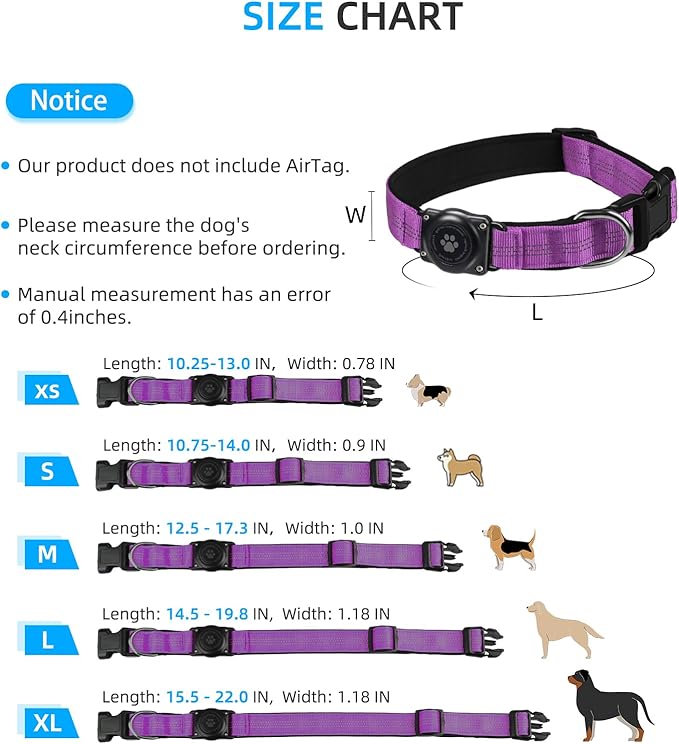 Upgraded AirTag Dog Collar, IP68 Waterproof Air Tag Dog Collar Holder, Reflective, Ultra-Durable, Comfortable Padded, Heavy Duty Dog Collars for Small Medium Large Dogs (M (12.6"-17.1"), Purple)-Mewly Pet