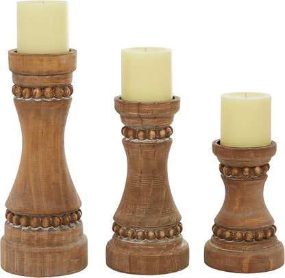 Deco 79 Wood Beaded Pillar Candle Holder, Set of 3 12", 9", 7"H, Brown