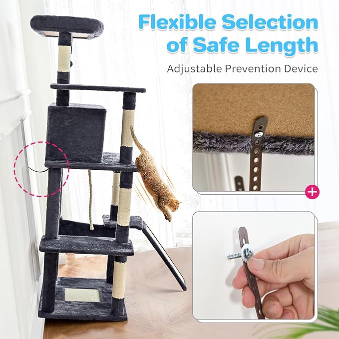 Cat Tree Tower 63in Multi-Level Cat Tower for Indoor Cats with Sisal Scratching Posts, Condo, Hammock, Dangling Ball and Extended Platform for Cats to Play, Pink-Mewly Pet