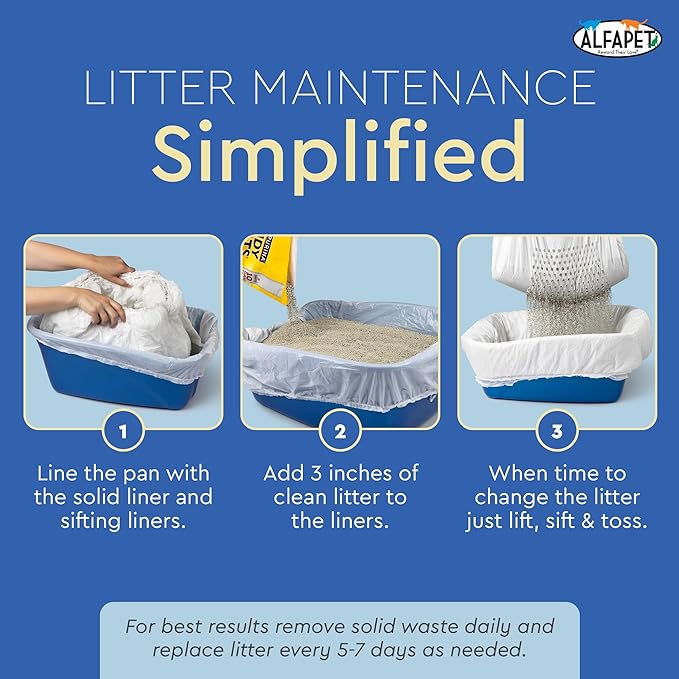 Alfapet Sifting Cat Litter Box Liners - Jumbo 15 Count, Pack of 5 - Tear-Resistant Cat Litter Bags, Waterproof Kitty Litter Liners, Fits Litterbox Pan Sizes X-Large, X-Giant, 37" x 18" 30 lb Capacity-Mewly Pet