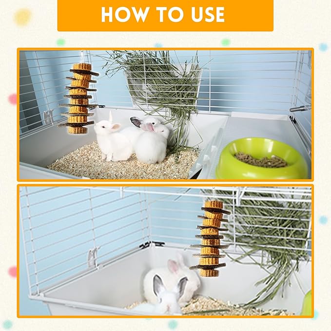 kathson Natural Small Animal Chew Toys for Teeth,4 PCS Rabbit Hanging Chewing Treats with Natural Organic Apple Stick Timothy Grass Carrot Cake for Hamsters Squirrel Guinea Pig Rabbits-Mewly Pet