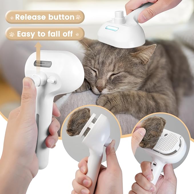 Cat Steam Brush, 3 In 1 Steamy Cat Brush with Release Button and Tank, Anti-Static Pet Spray Hair Removal Comb, Rechargeable Dog Steam Comb for Furry Pet-Mewly Pet