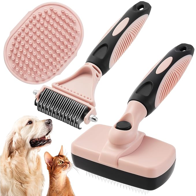 3PCS Cat & Dog Brush Set: Slicker & Deshedding Brush, Dematting Comb, and Bath Brush – Premium Grooming Tools for Shedding & Tangle-Free Fur (pink)-Mewly Pet